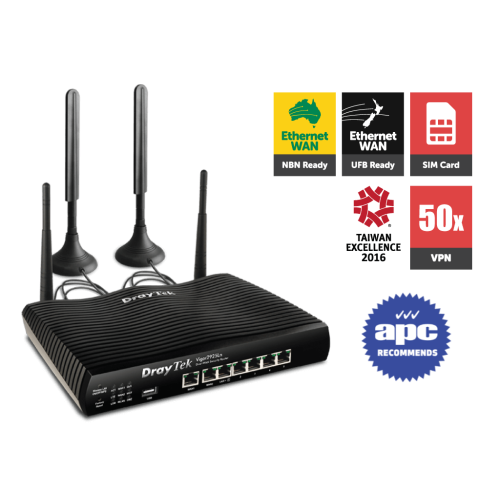 [Vigor2925Ln] DrayTek Vigor LTE Router, 2Wan Load Balance, Gigabit, 50000 Session, 4/5Lan, 50VPN Tunnels, 2USB,Wireless802.11b/g/n